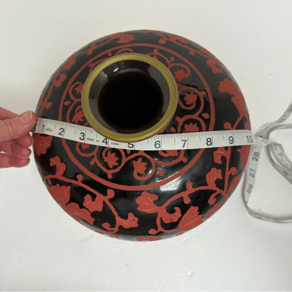 Vintage Hand Enameled Black on Red Floral Porcelain Round Decorarive Vase